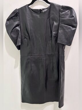 Women’s Black Faux Leather Mini Dress with Puff Sleeves